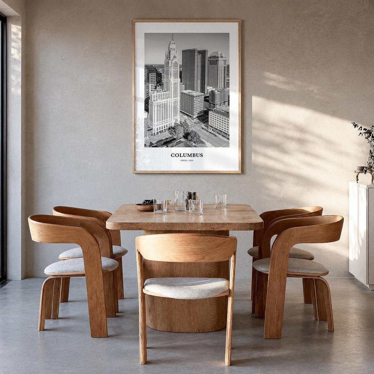 Columbus, Ohio no. 2 black & white classic poster of Ohio, USA – vertical wall art in natural wood frame, hanging on wall