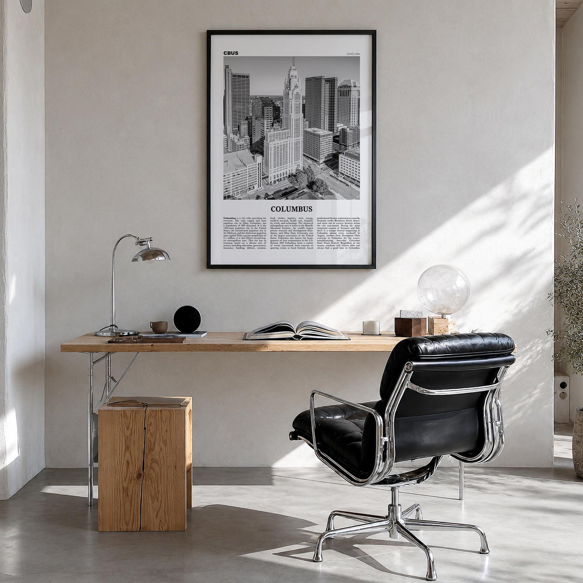 Columbus, Ohio no. 2 black & white newspaper poster of Ohio, USA – vertical wall art in black wood frame, hanging on wall
