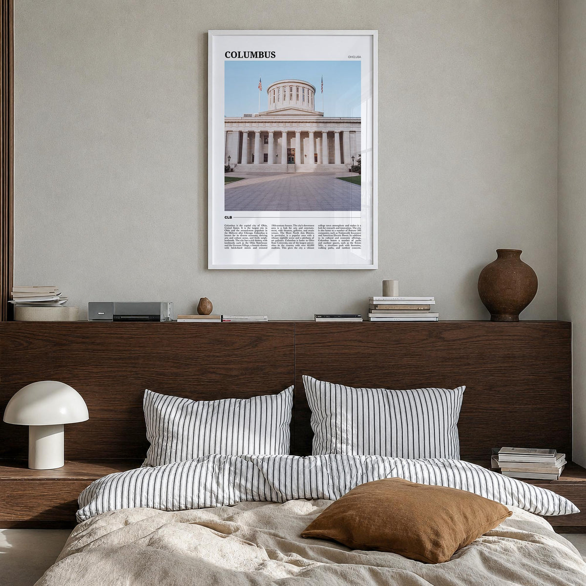 Columbus, Ohio no. 2 colorful travel poster of Ohio, USA – vertical wall art in white wood frame, hanging on wall