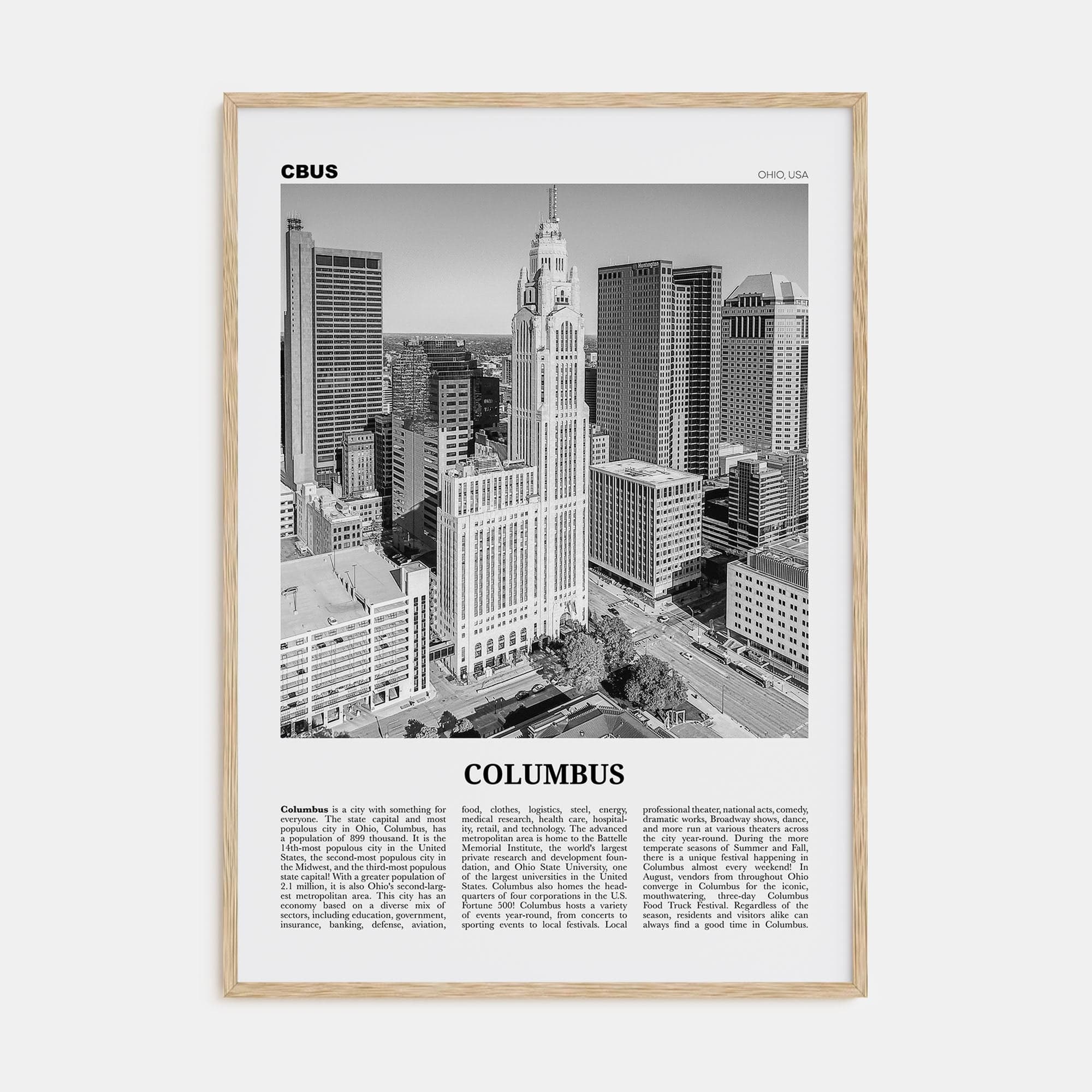 Columbus, Ohio No 2 Poster Natural Wood / 8x12 in Nbourhood Travel B&W Poster