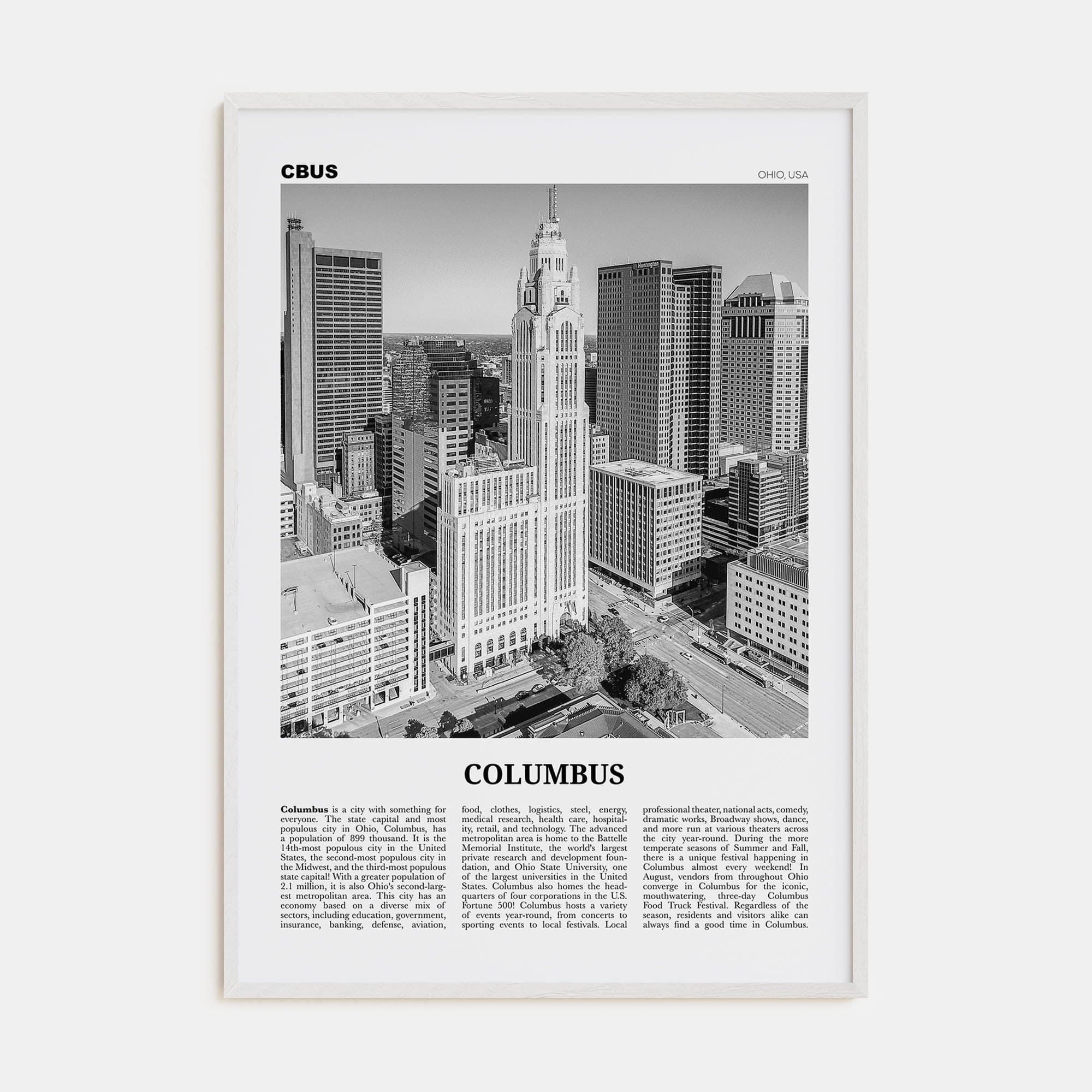 Columbus, Ohio No 2 Poster White Wood / 8x12 in Nbourhood Travel B&W Poster