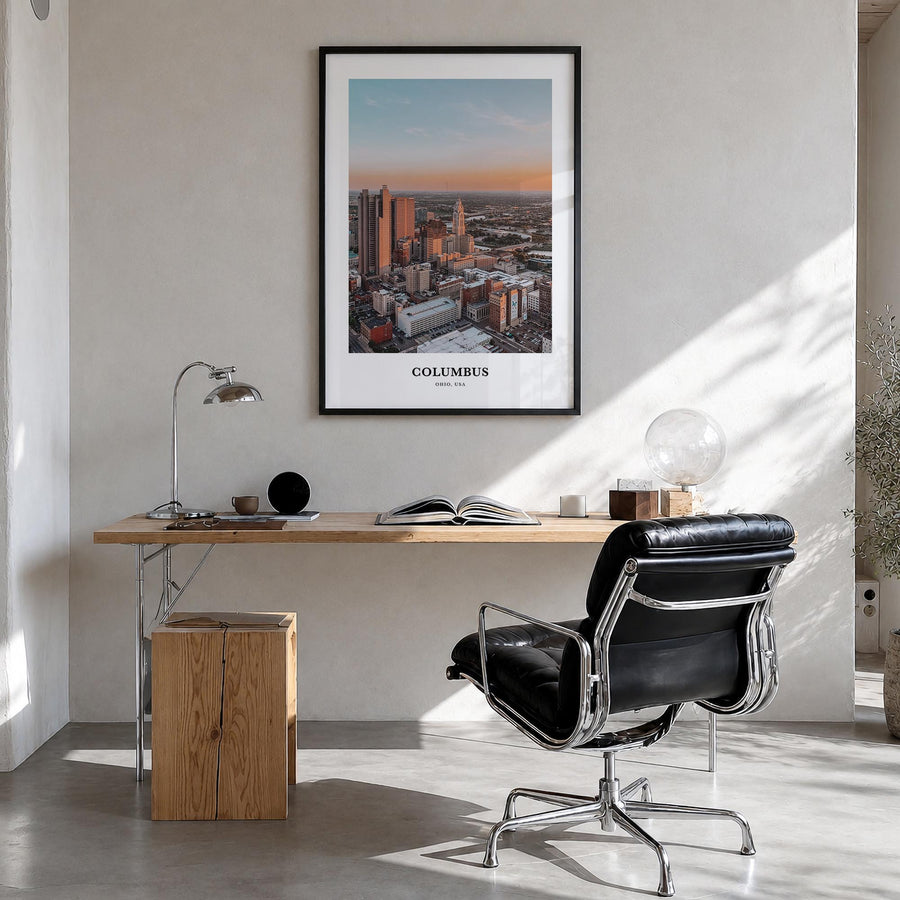 Columbus, Ohio no. 3 colorful classic poster of Ohio, USA – vertical wall art in black wood frame, hanging on wall