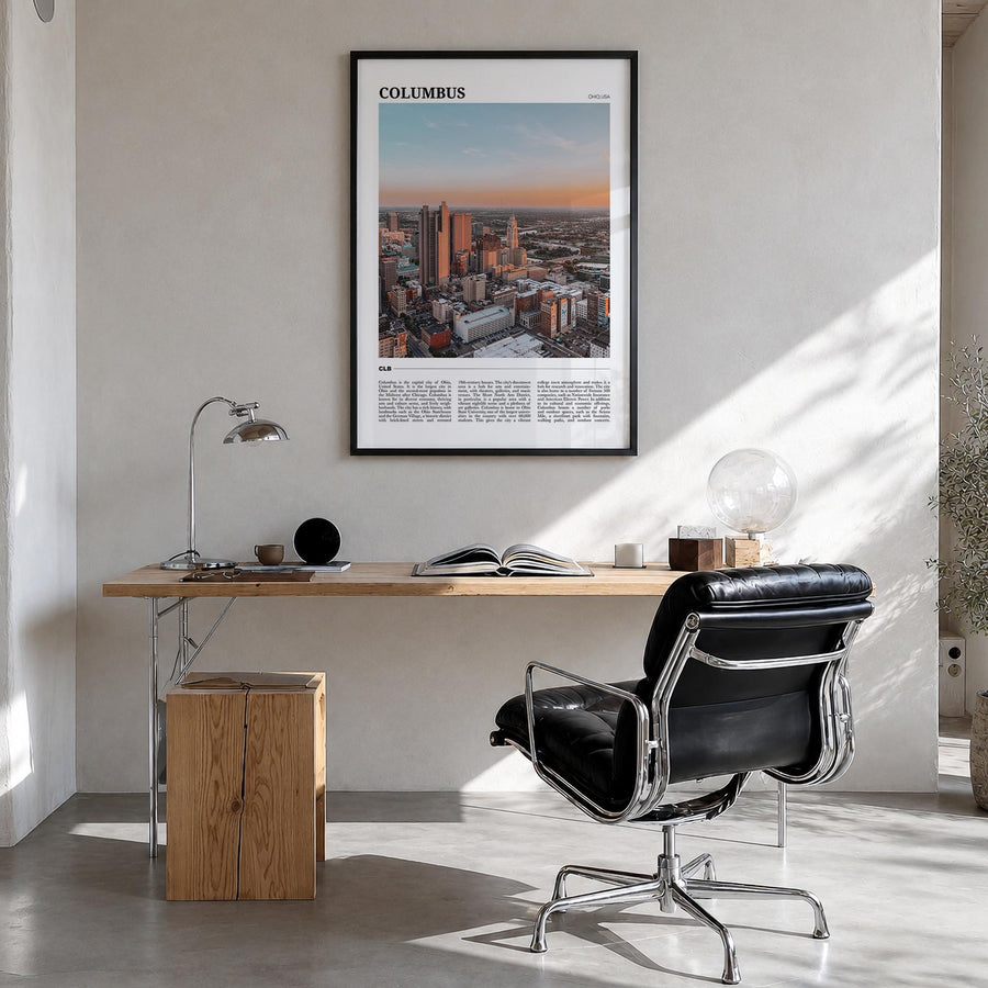 Columbus, Ohio no. 3 colorful travel poster of Ohio, USA – vertical wall art in black wood frame, hanging on wall