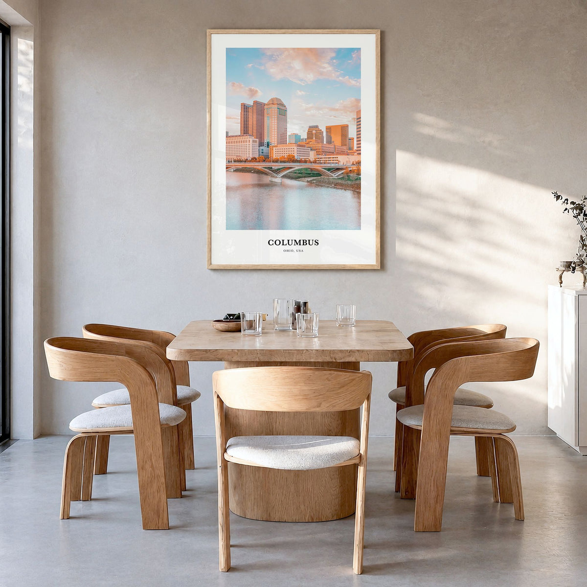 Columbus, Ohio Classic No 1 Poster in a natural wood frame, hanging in a dining room