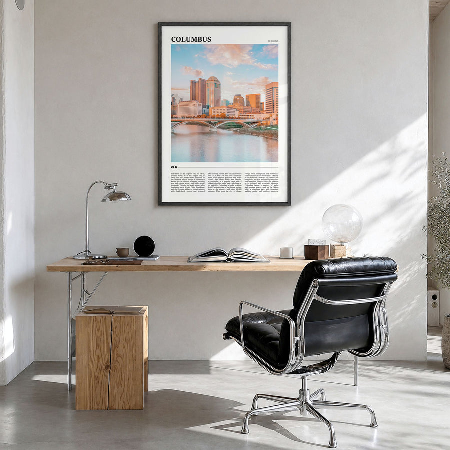 Columbus, Ohio Travel No 1 Poster in a black wood frame, hanging in a bright home office