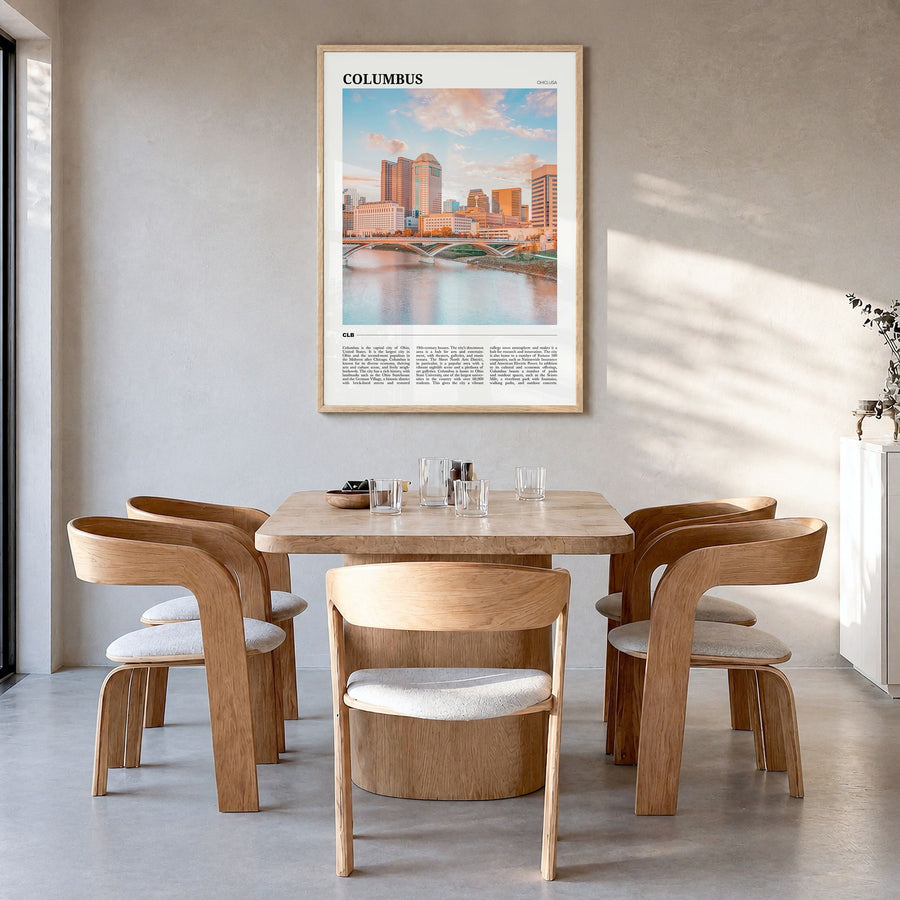 Columbus, Ohio Travel No 1 Poster in a natural wood frame, hanging in a dining room