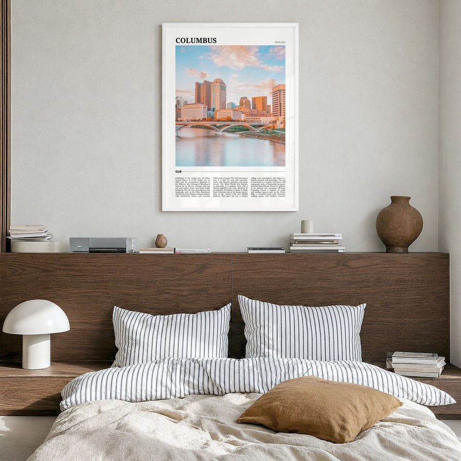 Columbus, Ohio Travel No 1 Poster in a white wood frame, hanging in a bedroom