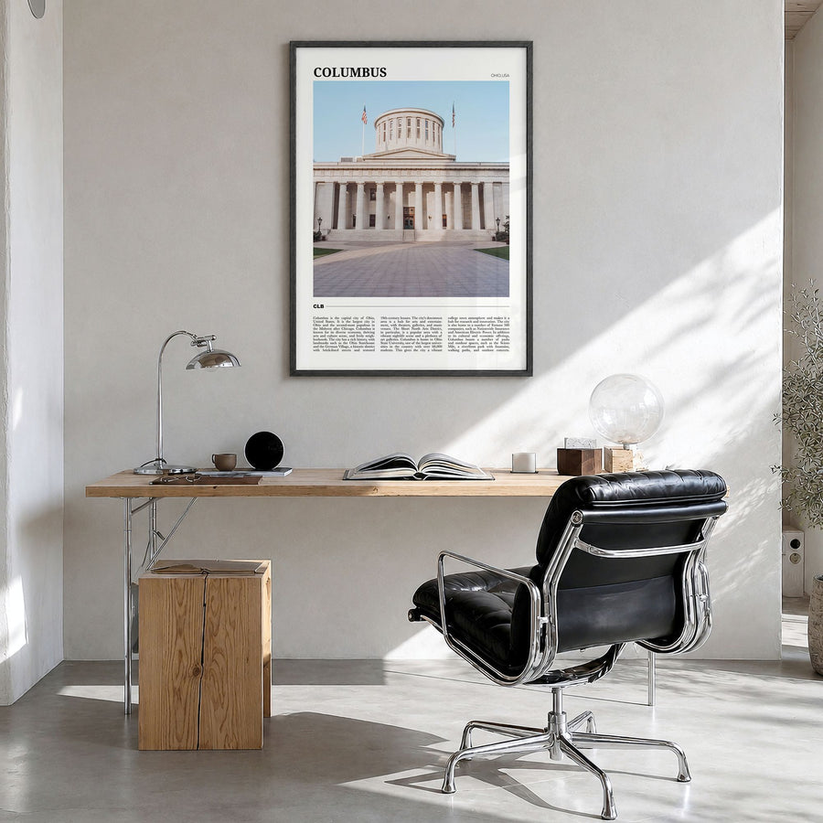 Columbus, Ohio Travel No 2 Poster in a black wood frame, hanging in a bright home office
