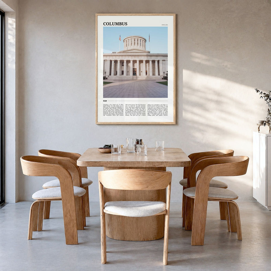 Columbus, Ohio Travel No 2 Poster in a natural wood frame, hanging in a dining room