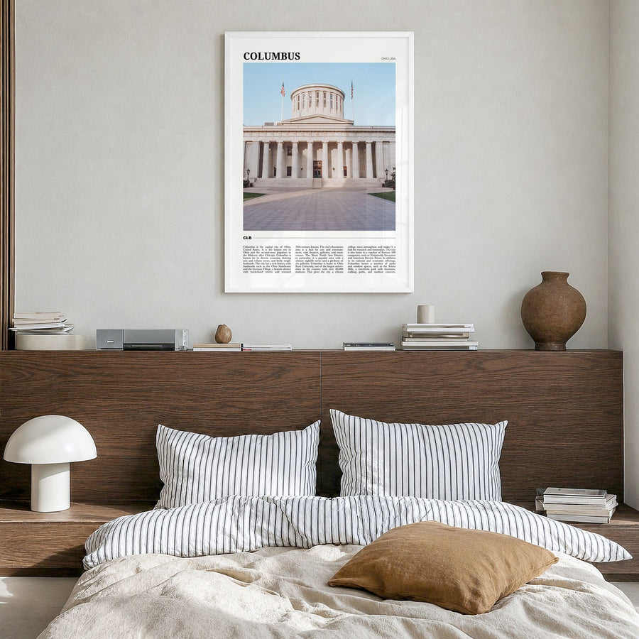 Columbus, Ohio Travel No 2 Poster in a white wood frame, hanging in a bedroom