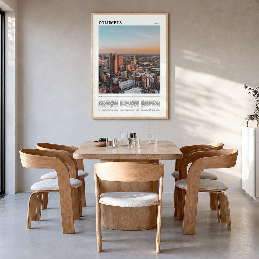 Columbus, Ohio Travel No 3 Poster in a natural wood frame, hanging in a dining room