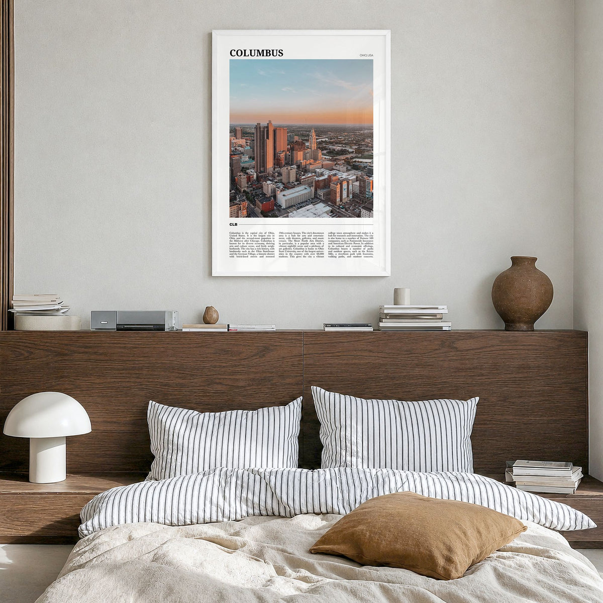 Columbus, Ohio Travel No 3 Poster in a white wood frame, hanging in a bedroom
