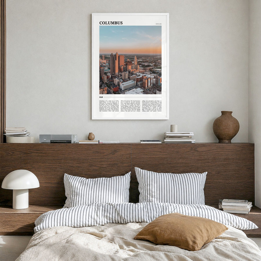 Columbus, Ohio Travel No 3 Poster in a white wood frame, hanging in a bedroom