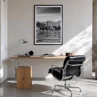 Lake Como no. 1 black & white photo poster of Italy – vertical wall art in black wood frame with white border, hanging on wal