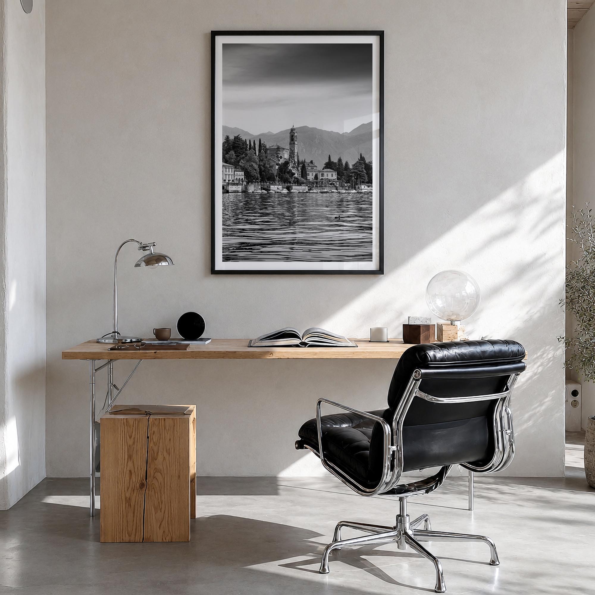 Lake Como no. 1 black & white photo poster of Italy – vertical wall art in black wood frame with white border, hanging on wal