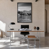 Lake Como no. 1 black & white photo poster of Italy – vertical wall art in black wood frame, hanging on wall