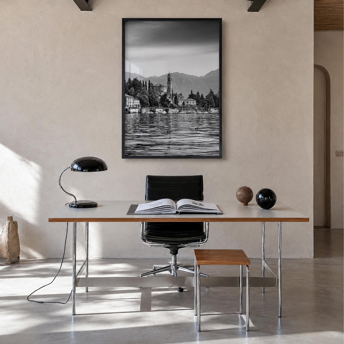 Lake Como no. 1 black & white photo poster of Italy – vertical wall art in black wood frame, hanging on wall