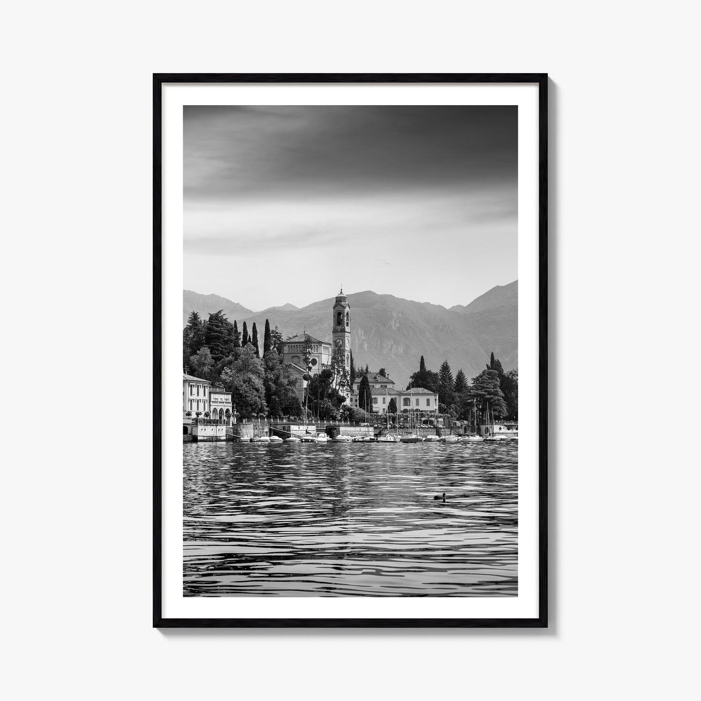Lake Como no. 1 black & white photo poster of Italy – vertical wall art, unframed print shown in interior mockup
