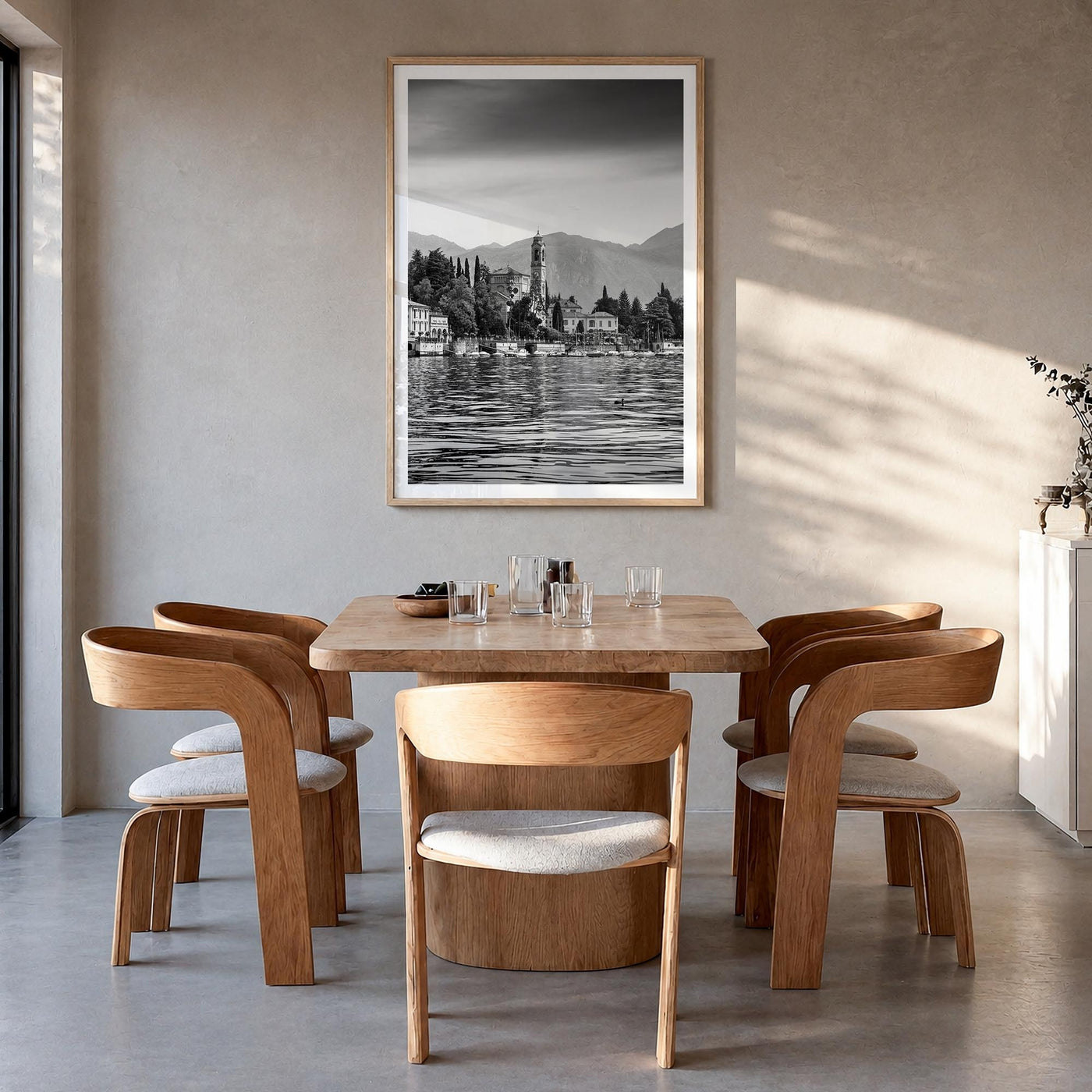 Lake Como no. 1 black & white photo poster of Italy – vertical wall art in natural wood frame with white border, hanging on w