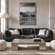 Lake Como no. 1 black & white photo poster of Italy – vertical wall art in natural wood frame, hanging on wall