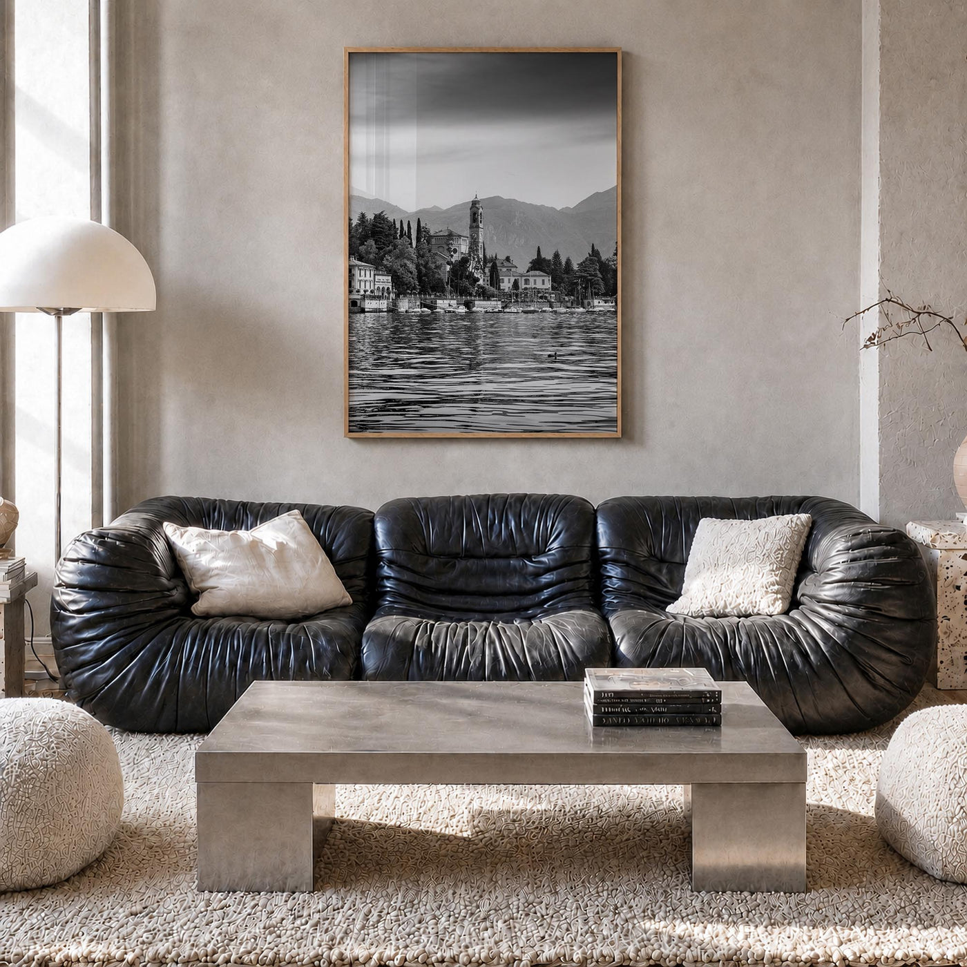 Lake Como no. 1 black & white photo poster of Italy – vertical wall art in natural wood frame, hanging on wall