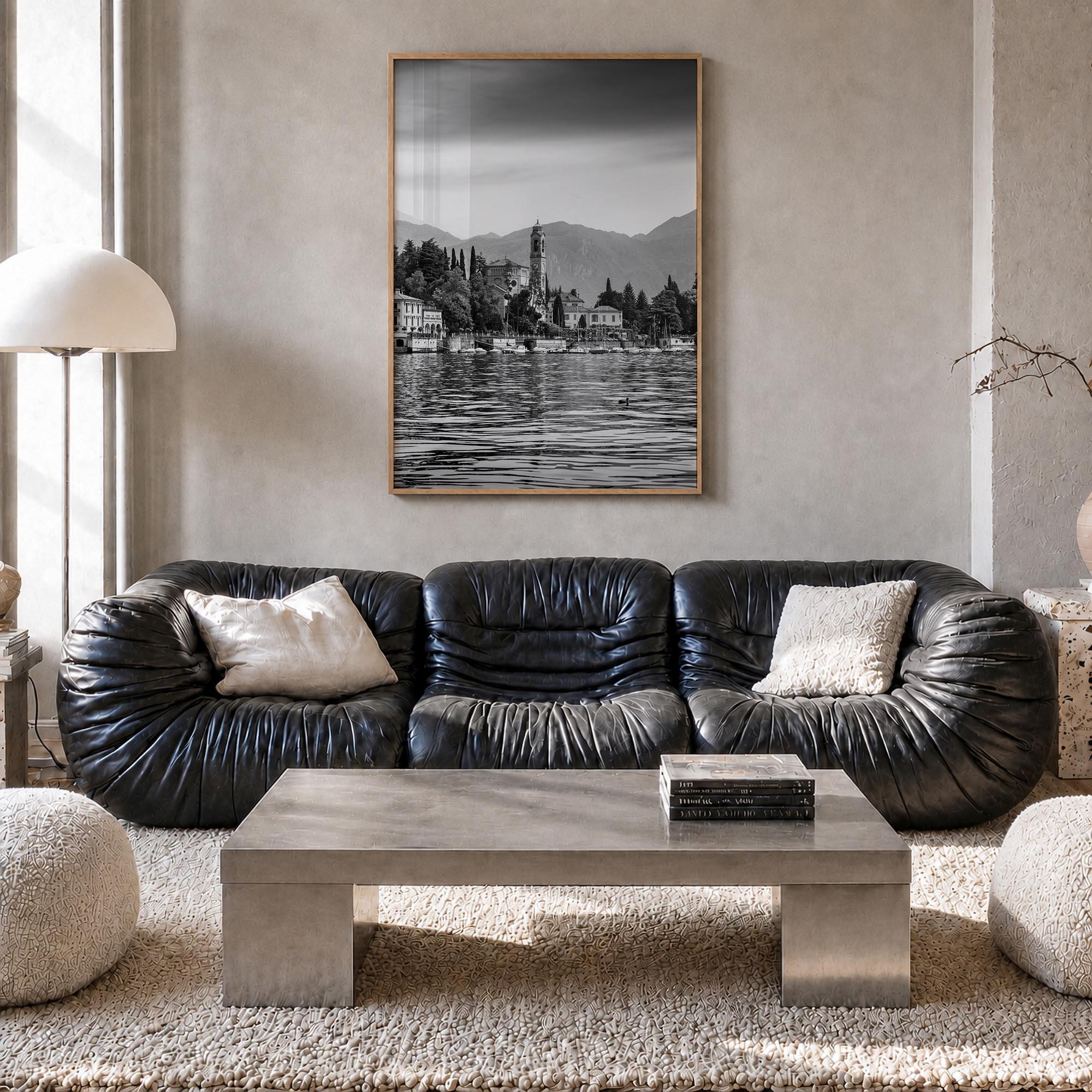 Lake Como no. 1 black & white photo poster of Italy – vertical wall art in natural wood frame, hanging on wall