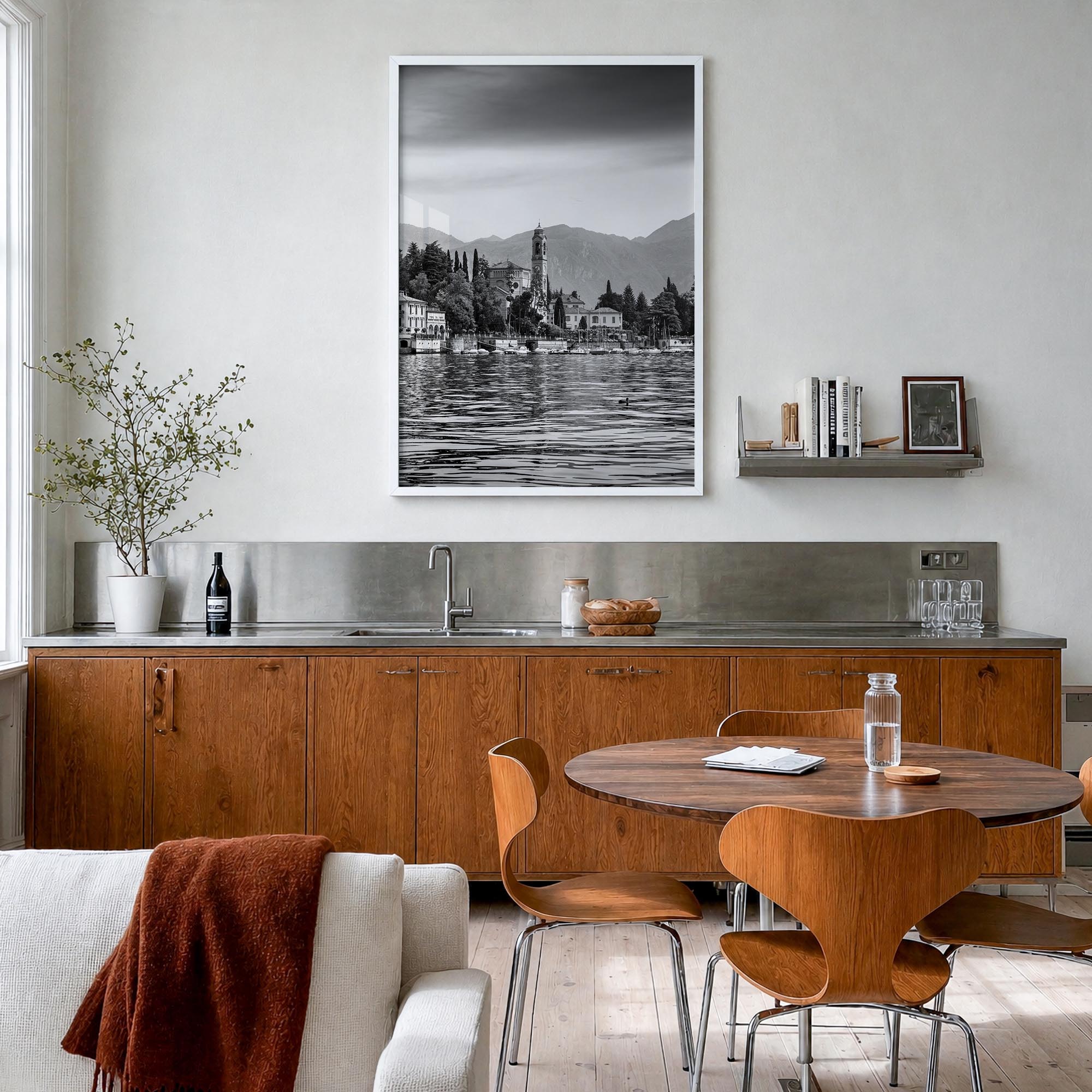 Lake Como no. 1 black & white photo poster of Italy – vertical wall art in white wood frame, hanging on wall
