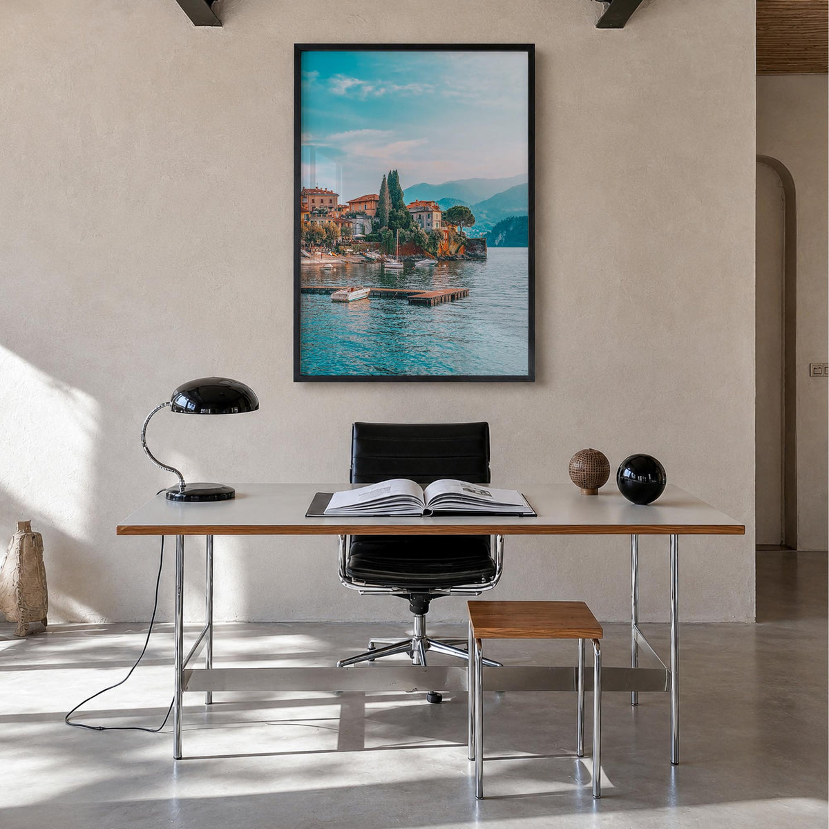 Lake Como no. 1 colorful photo poster of Italy – vertical wall art in black wood frame, hanging on wall