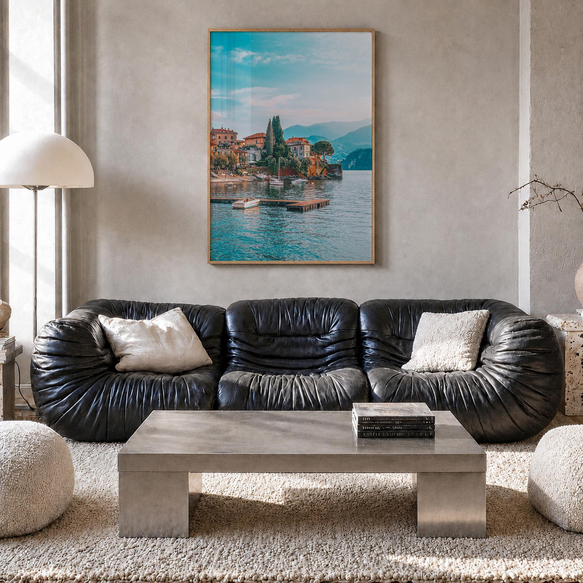 Lake Como no. 1 colorful photo poster of Italy – vertical wall art in natural wood frame, hanging on wall