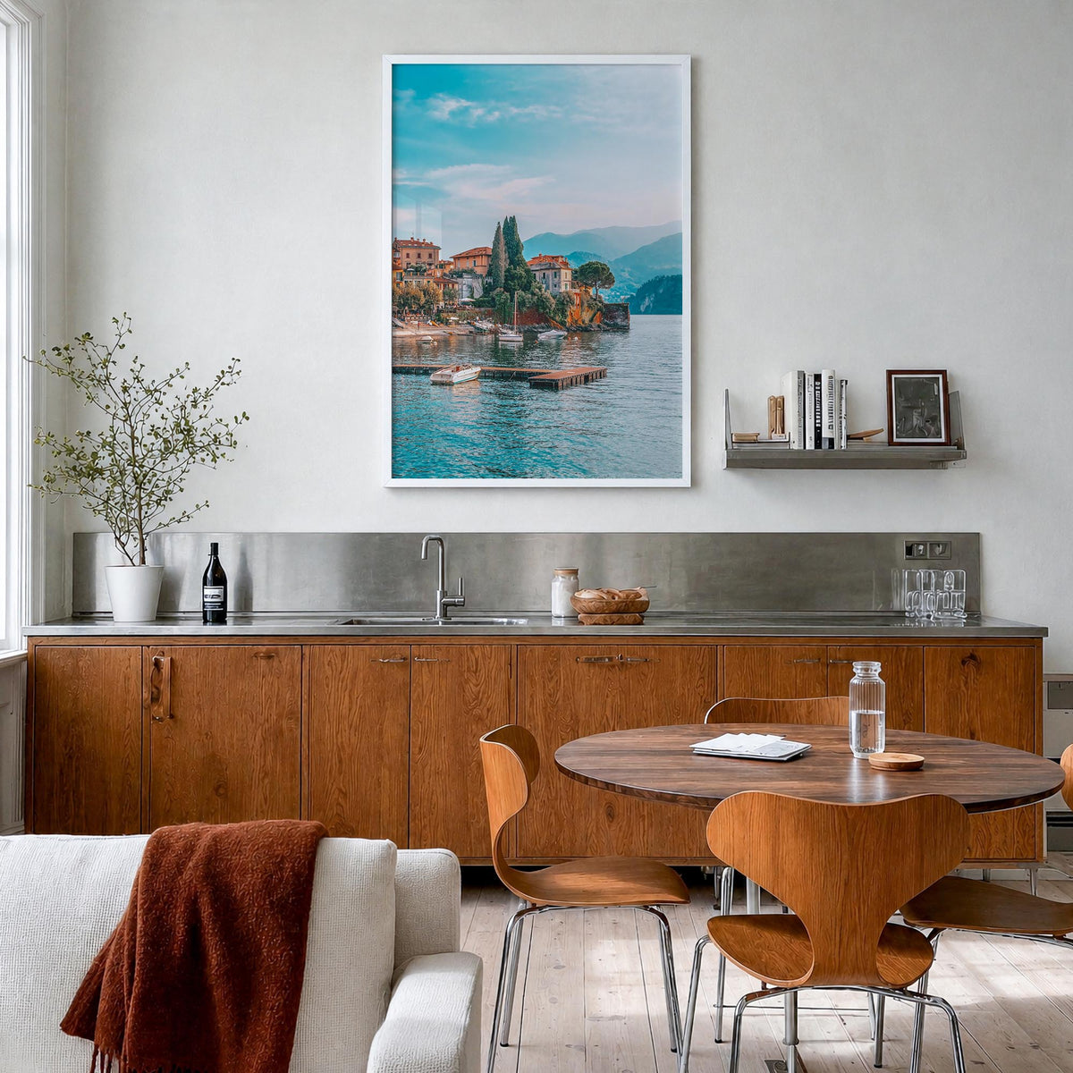 Lake Como no. 1 colorful photo poster of Italy – vertical wall art in white wood frame, hanging on wall