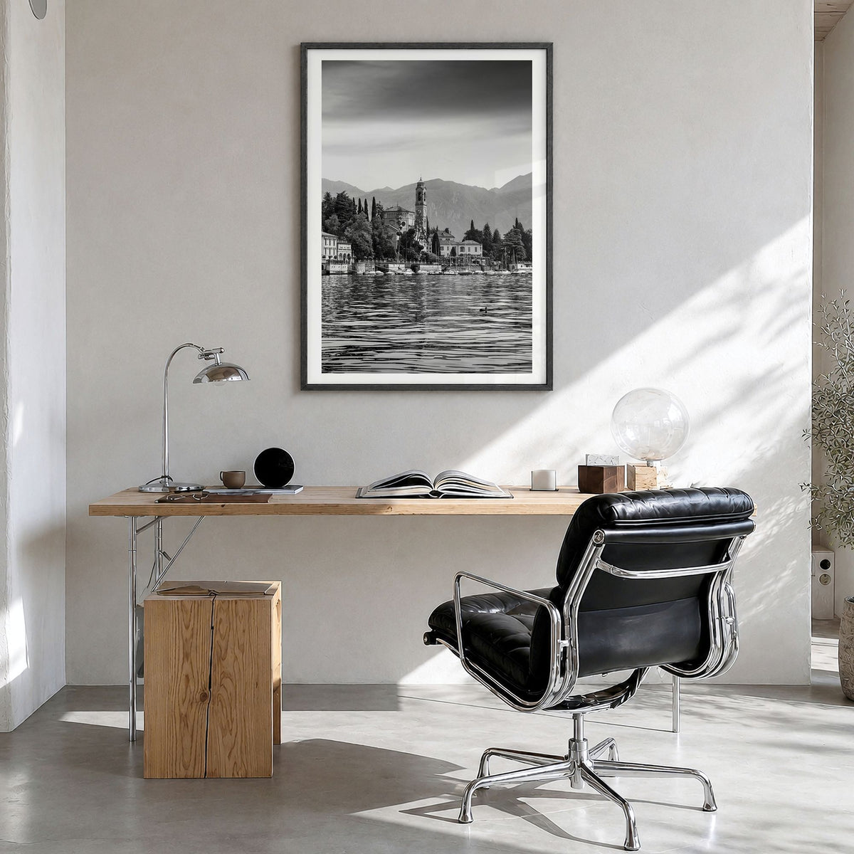 Lake Como Photo No 1 Poster in a black wood frame, hanging in a bright home office, white border