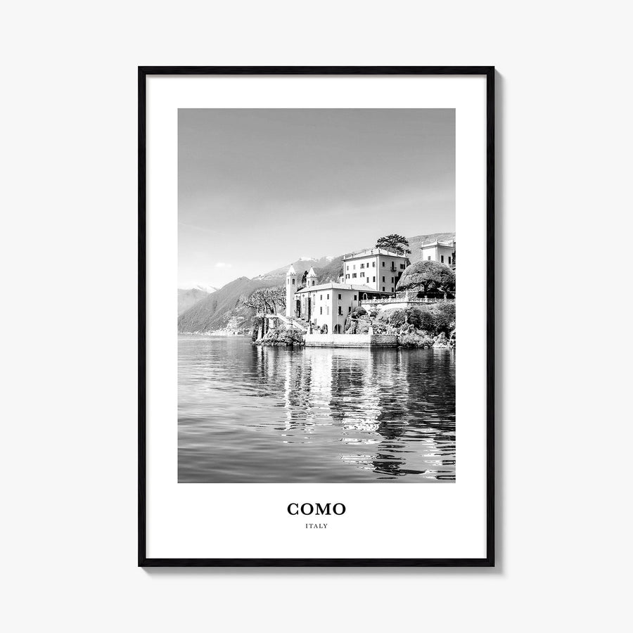 Como no. 1 black & white classic poster of Italy – vertical wall art, unframed print shown in interior mockup