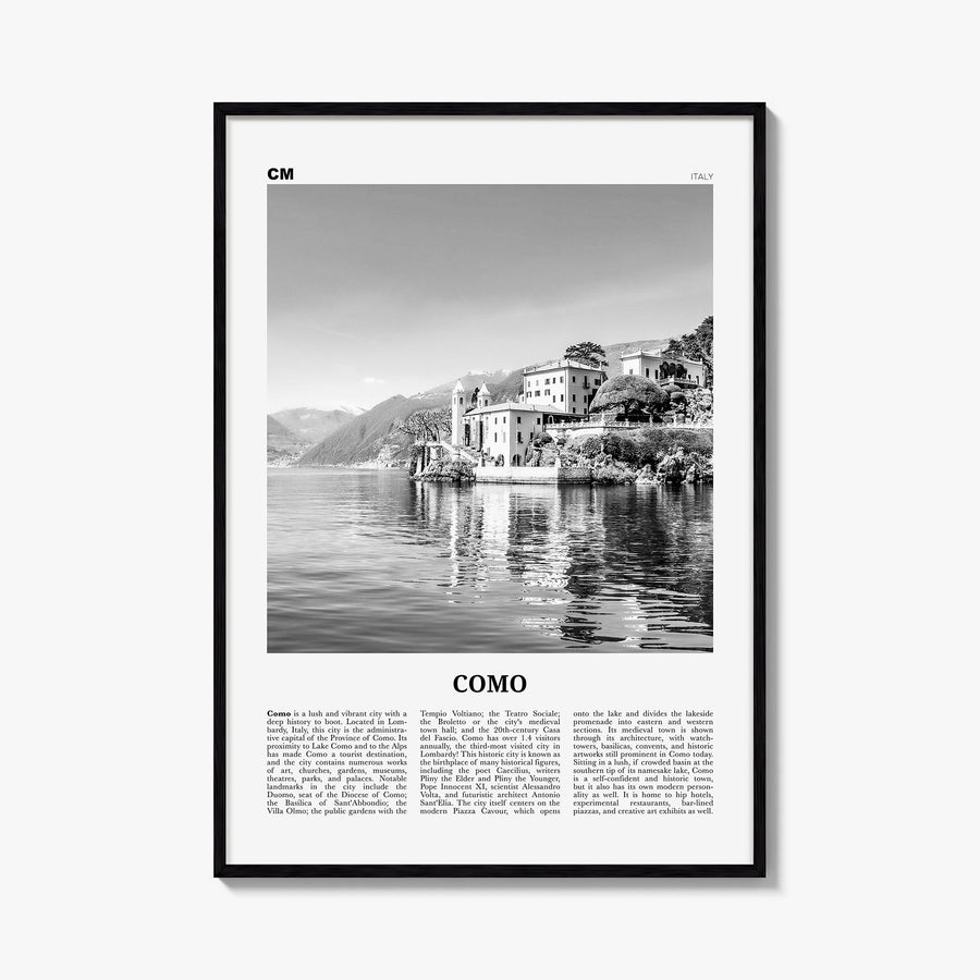 Como no. 1 black & white newspaper poster of Italy – vertical wall art, unframed print shown in interior mockup