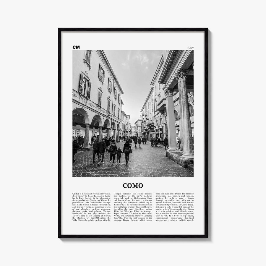 Como no. 2 black & white newspaper poster of Italy – vertical wall art, unframed print shown in interior mockup
