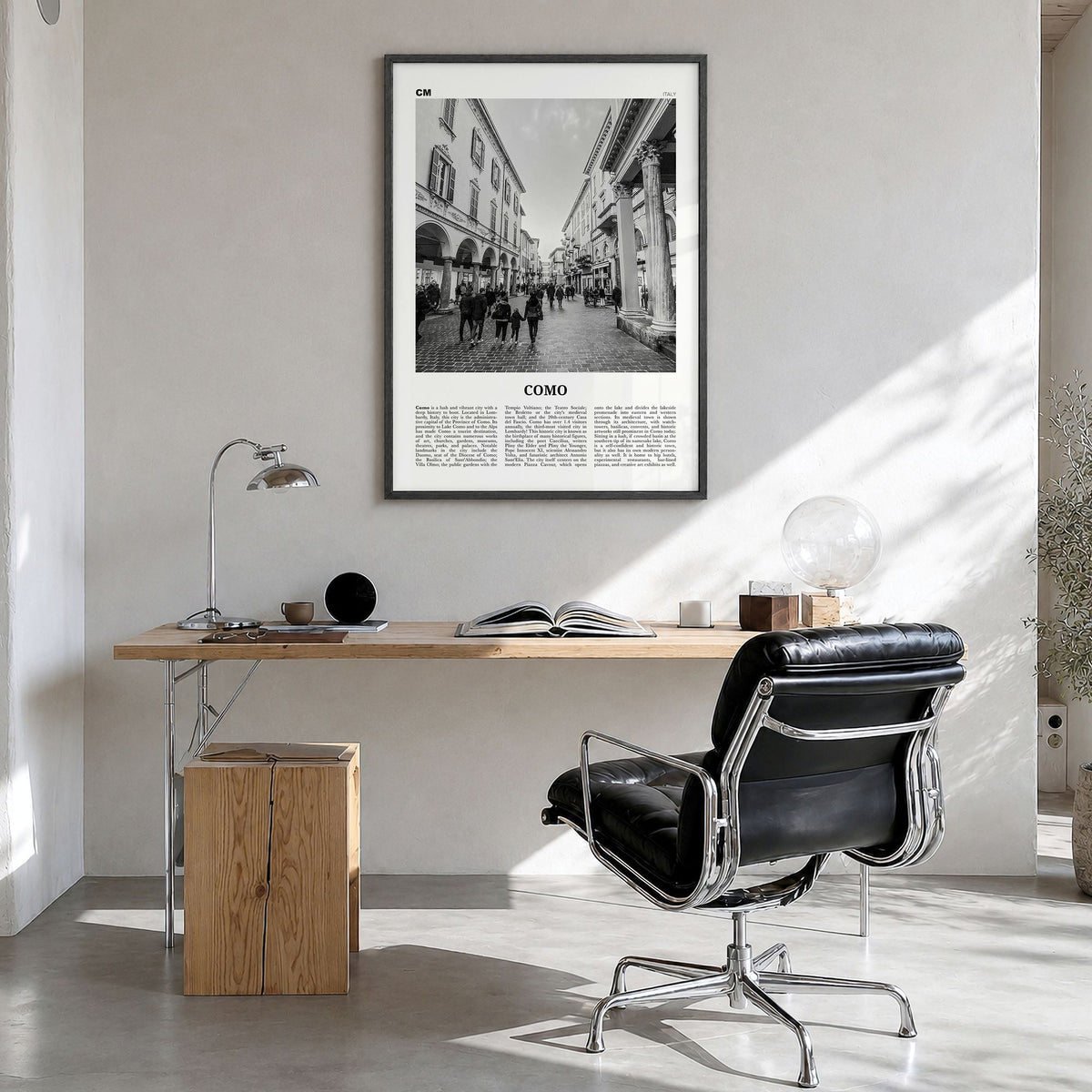 Como Newspaper No 2 Poster in a black wood frame, hanging in a bright home office