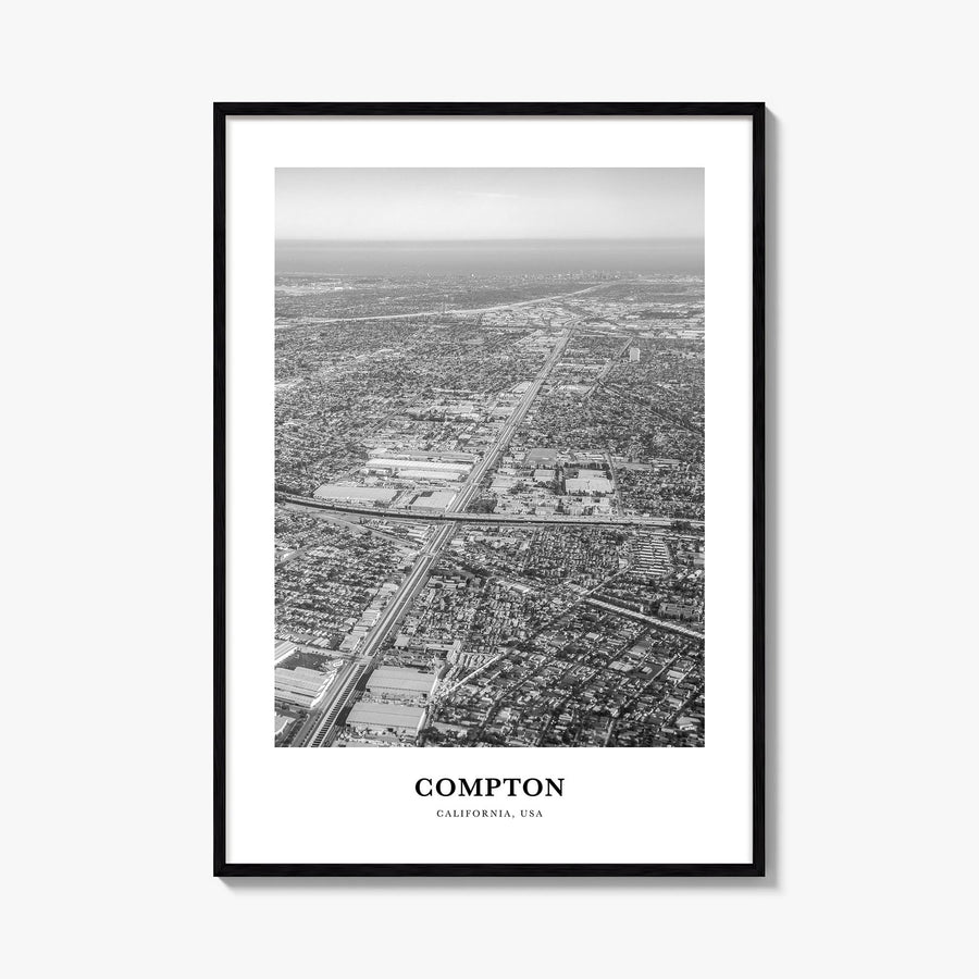 Compton black & white classic poster of California, USA – vertical wall art, unframed print shown in interior mockup