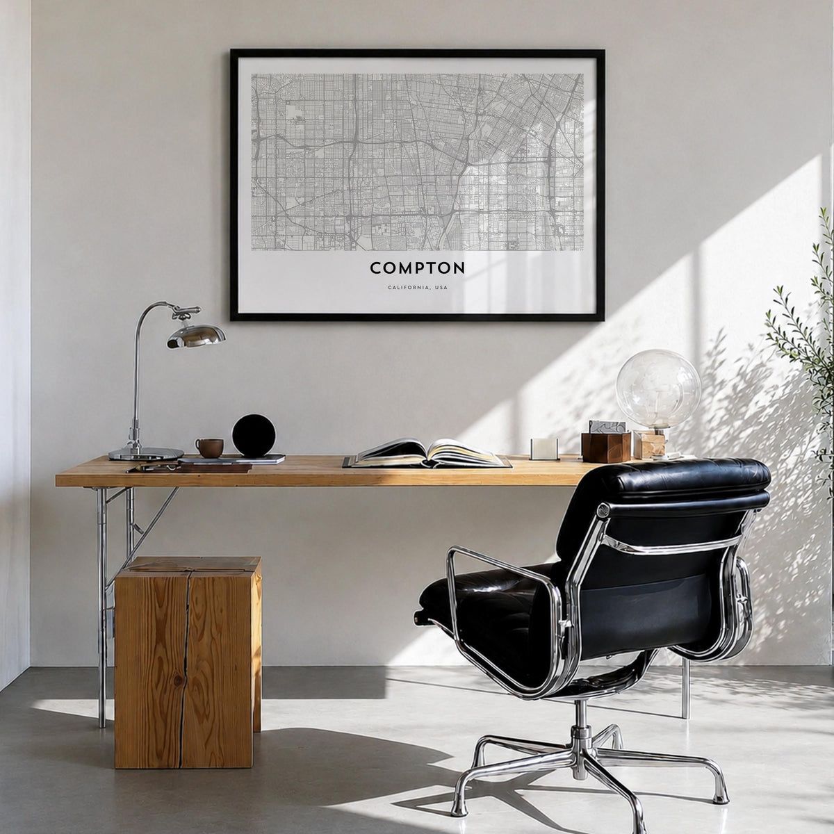 Compton black & white map poster of California, USA – horizontal wall art in black wood frame, hanging on wall