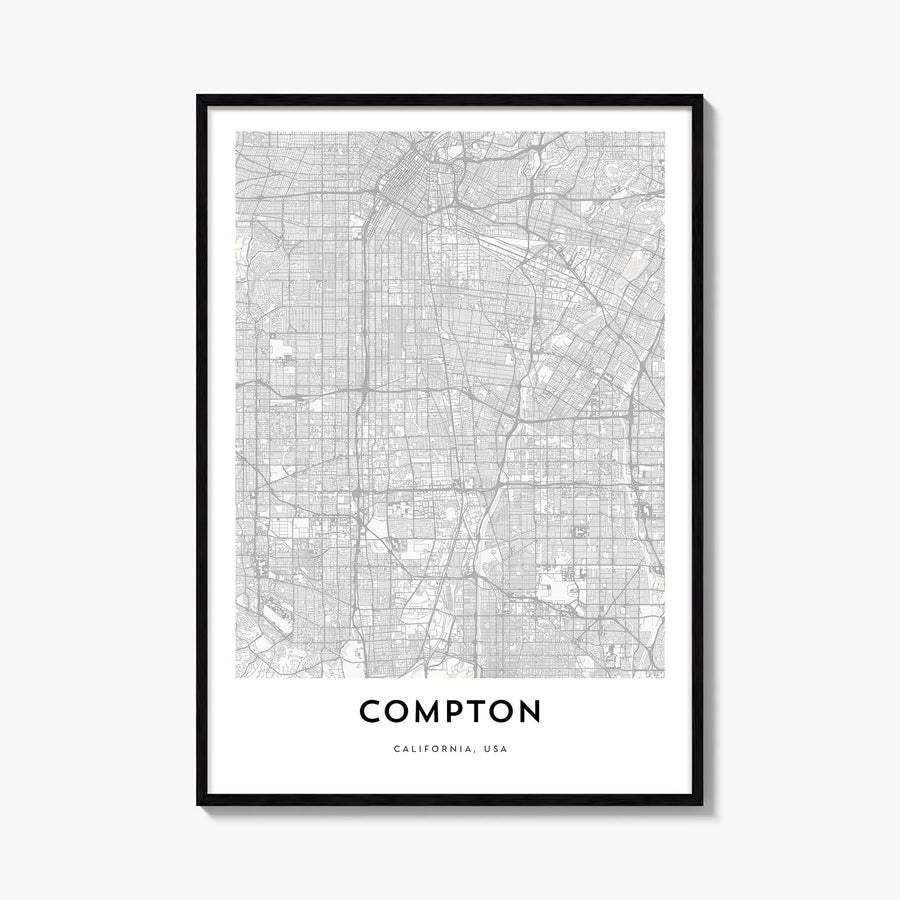 Compton black & white map poster of California, USA – vertical wall art, unframed print shown in interior mockup