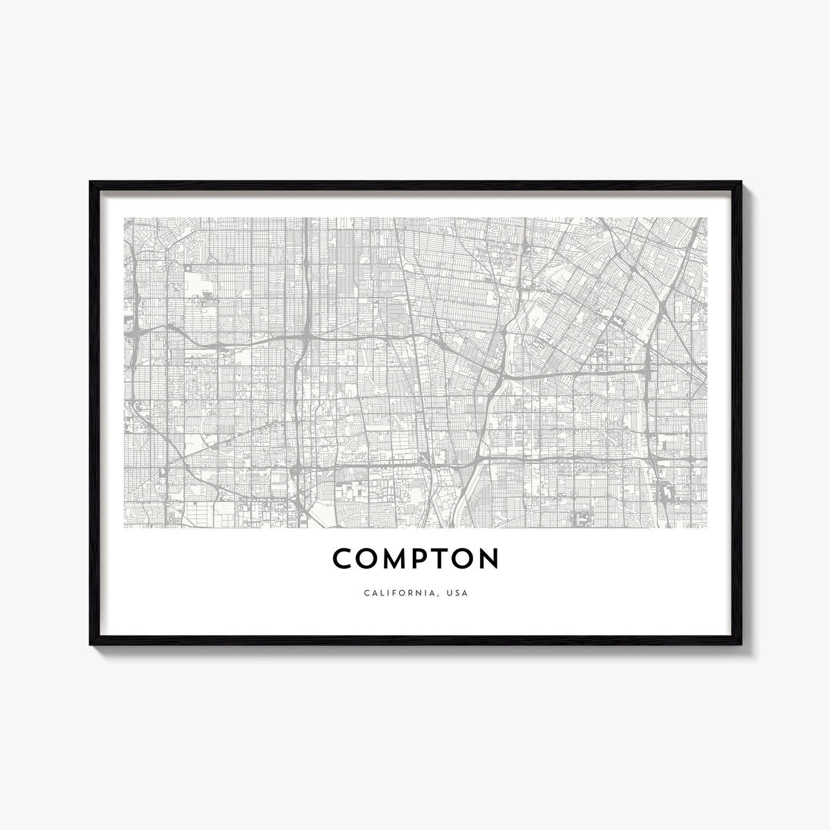 Compton black & white map poster of California, USA – horizontal wall art, unframed print shown in interior mockup