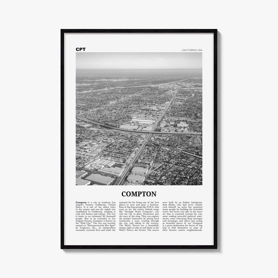 Compton black & white newspaper poster of California, USA – vertical wall art, unframed print shown in interior mockup