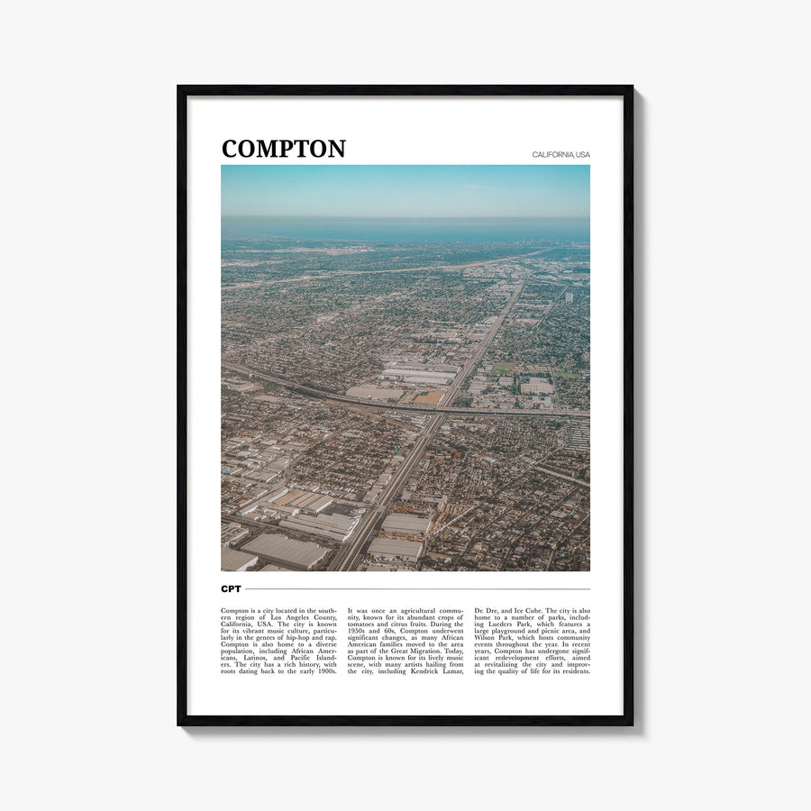 Compton colorful travel poster of California, USA – vertical wall art, unframed print shown in interior mockup