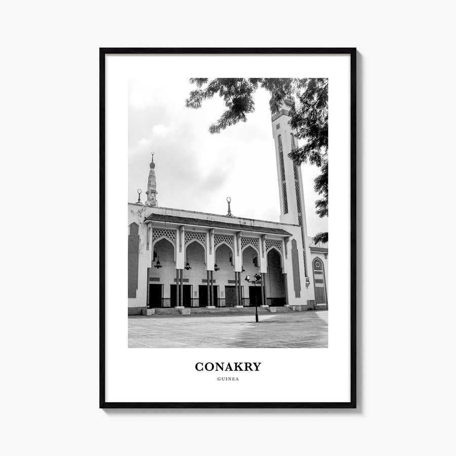 Conakry black & white classic poster of Guinea – vertical wall art, unframed print shown in interior mockup