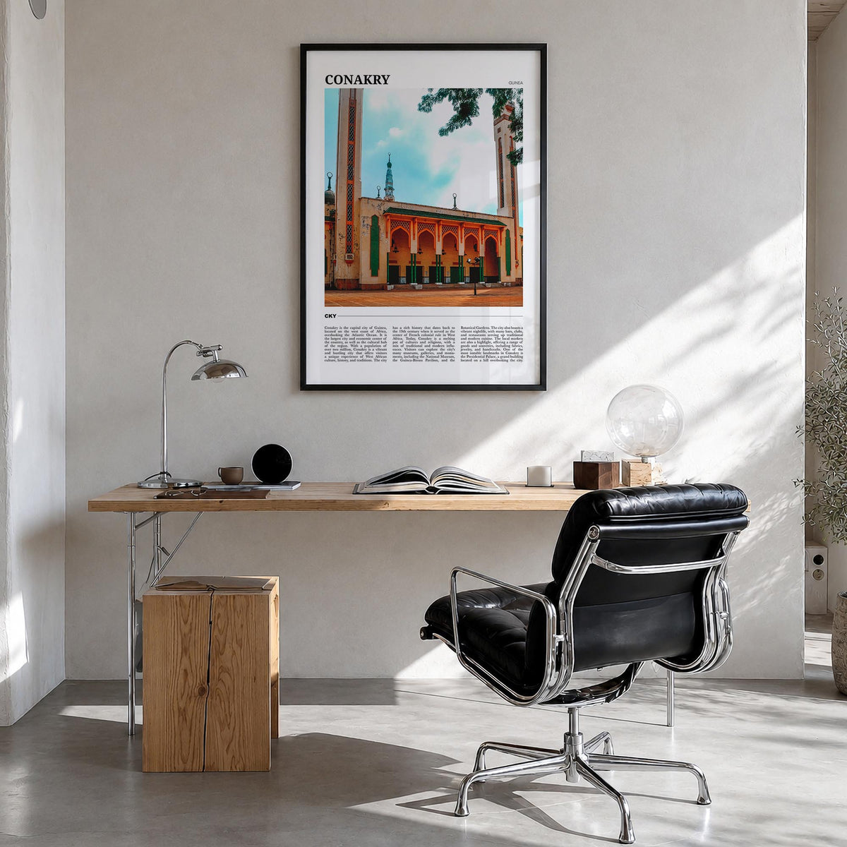 Conakry colorful travel poster of Guinea – vertical wall art in black wood frame, hanging on wall
