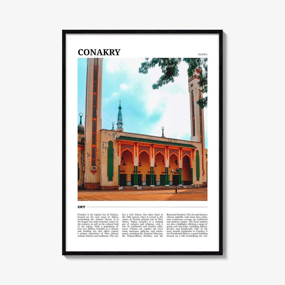 Conakry colorful travel poster of Guinea – vertical wall art, unframed print shown in interior mockup