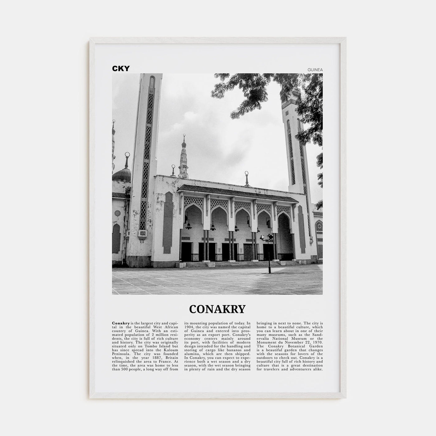 Conakry Poster White Wood / 8x12 in Nbourhood Travel B&W Poster