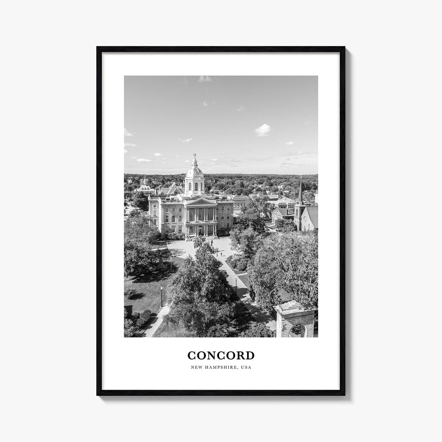Concord black & white classic poster of New Hampshire, USA – vertical wall art, unframed print shown in interior mockup