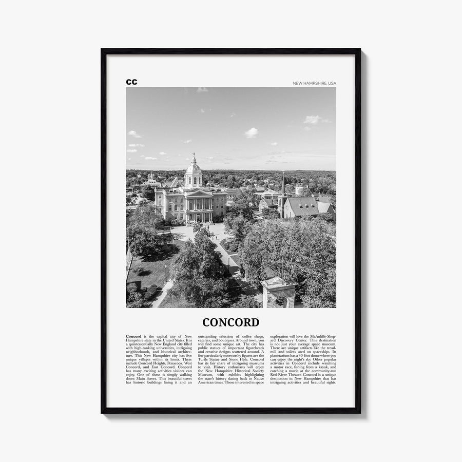 Concord black & white newspaper poster of New Hampshire, USA – vertical wall art, unframed print shown in interior mockup