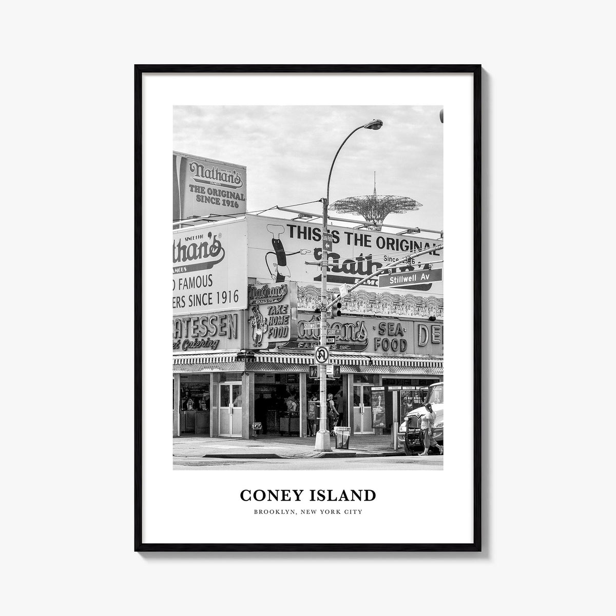 Coney Island black & white classic poster of Brooklyn, New York City – vertical wall art, unframed print shown in interior mo