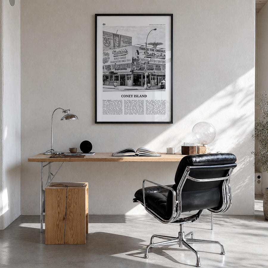 Coney Island black & white newspaper poster of Brooklyn, New York City – vertical wall art in black wood frame, hanging on wa
