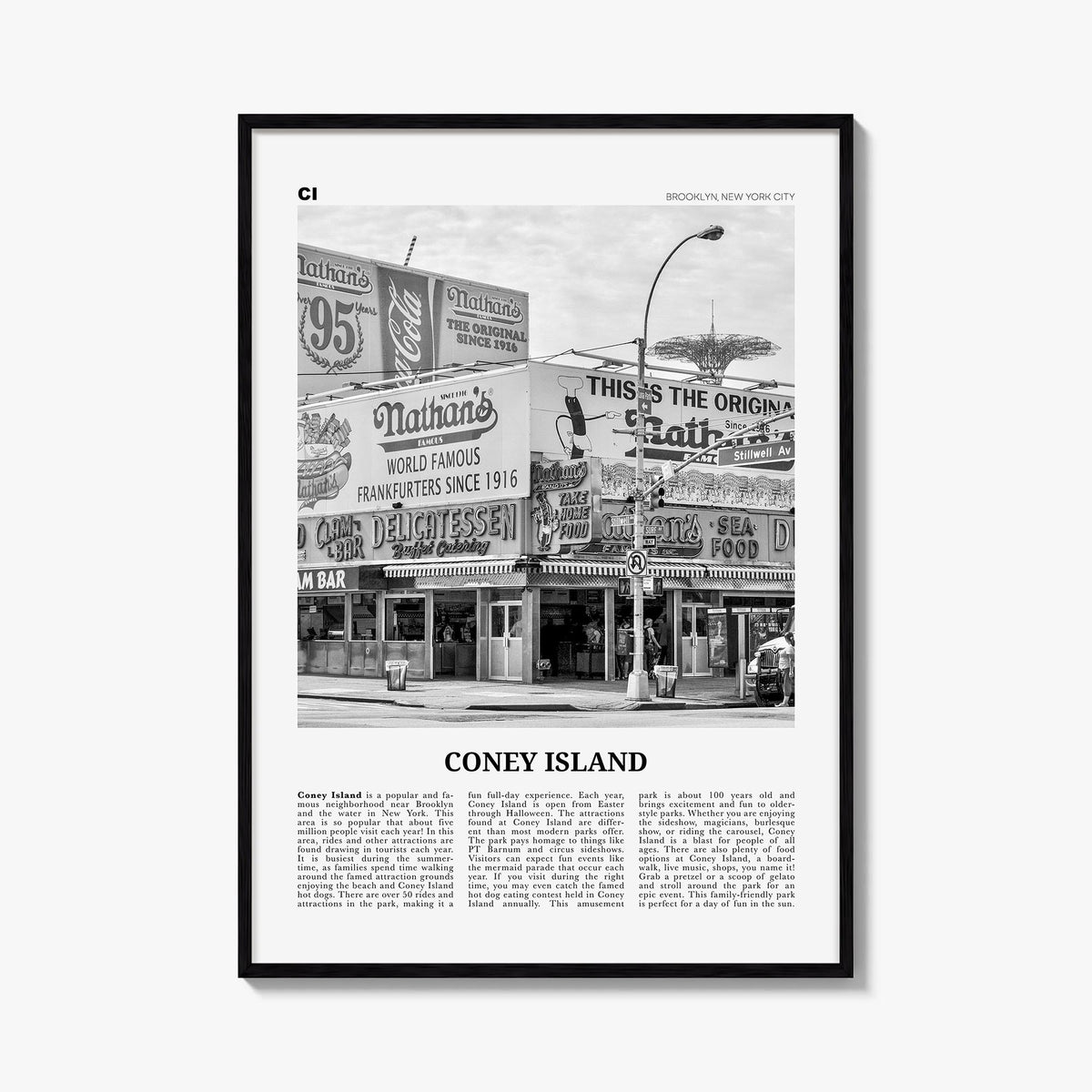 Coney Island black & white newspaper poster of Brooklyn, New York City – vertical wall art, unframed print shown in interior 